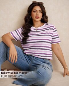 Camiseta corta de verano informal de talla grande con bloques de color y rayas