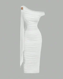 Vestido midi de mujer con cuello asimétrico drapeado