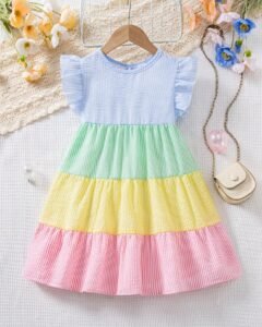 Vestido casual y lindo de manga corta con cuello redondo y contraste de color