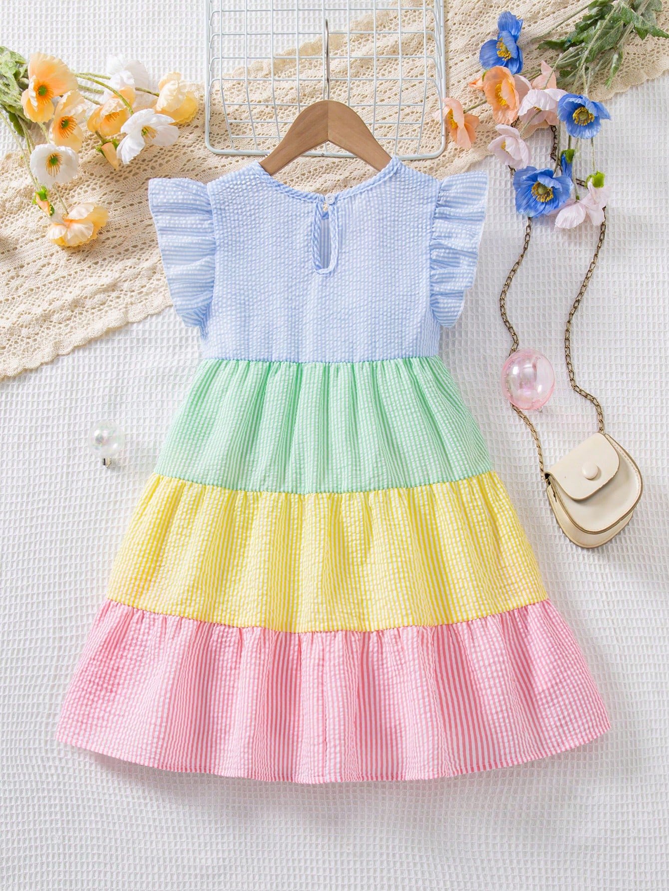Vestido casual y lindo de manga corta con cuello redondo y contraste de color - Imagen 2