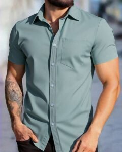 Camisa de manga corta casual de un solo pecho con bolsillo de unicolor