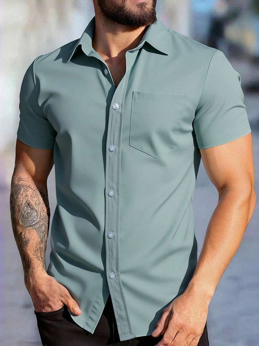 Camisa de manga corta casual de un solo pecho con bolsillo de unicolor