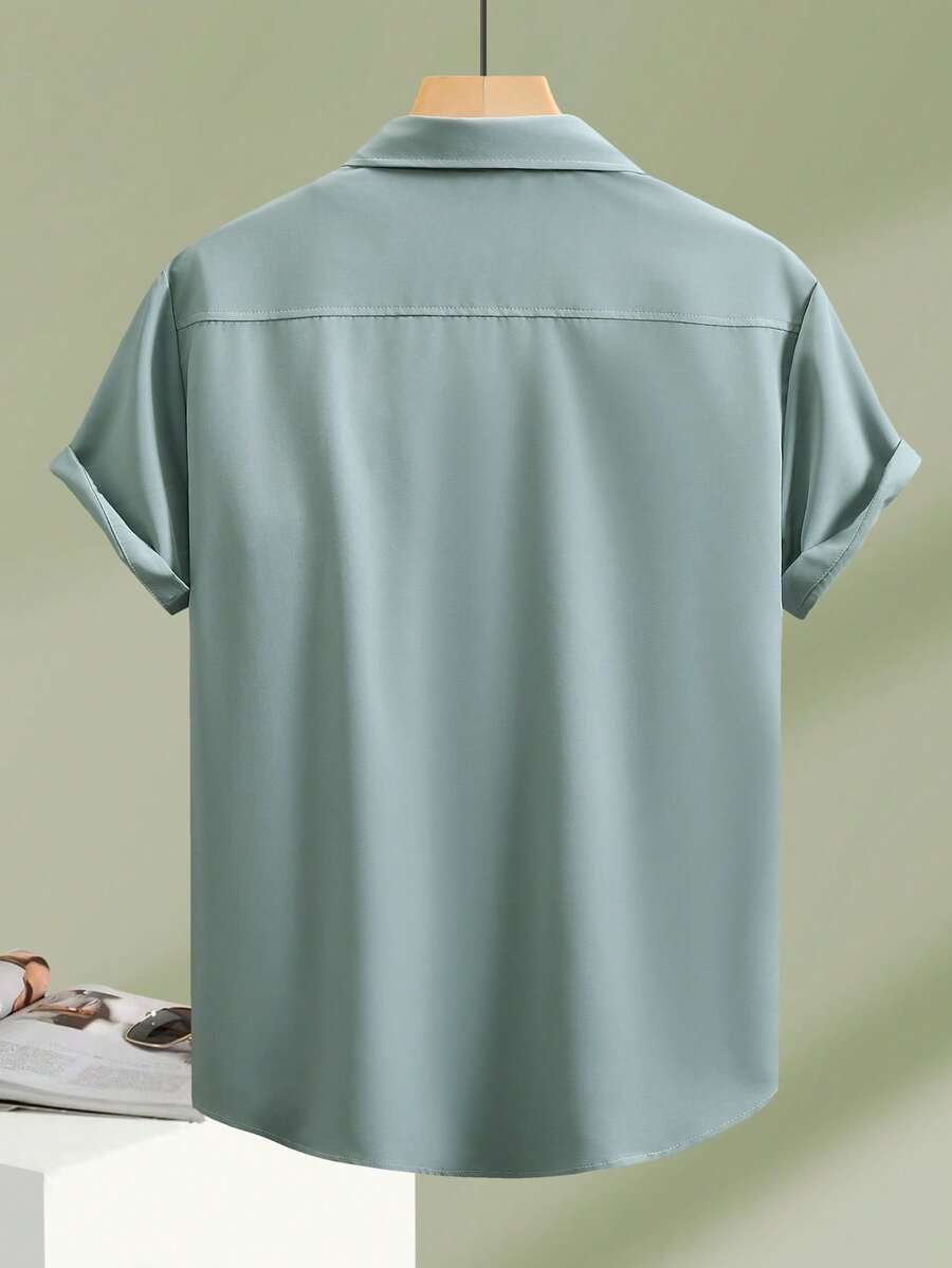 Camisa de manga corta casual de un solo pecho con bolsillo de unicolor - Imagen 2