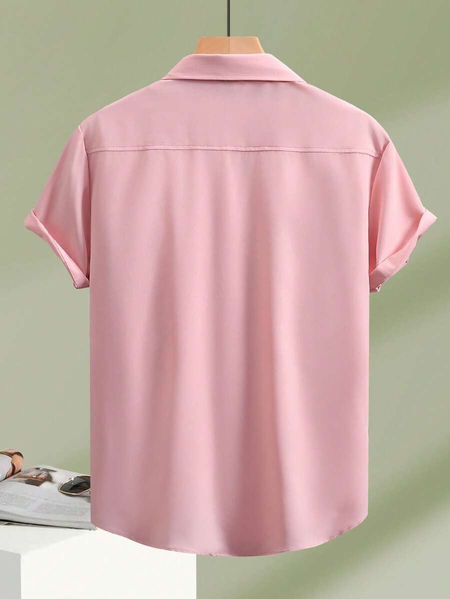 Camisa de manga corta casual de un solo pecho con bolsillo de unicolor - Imagen 2