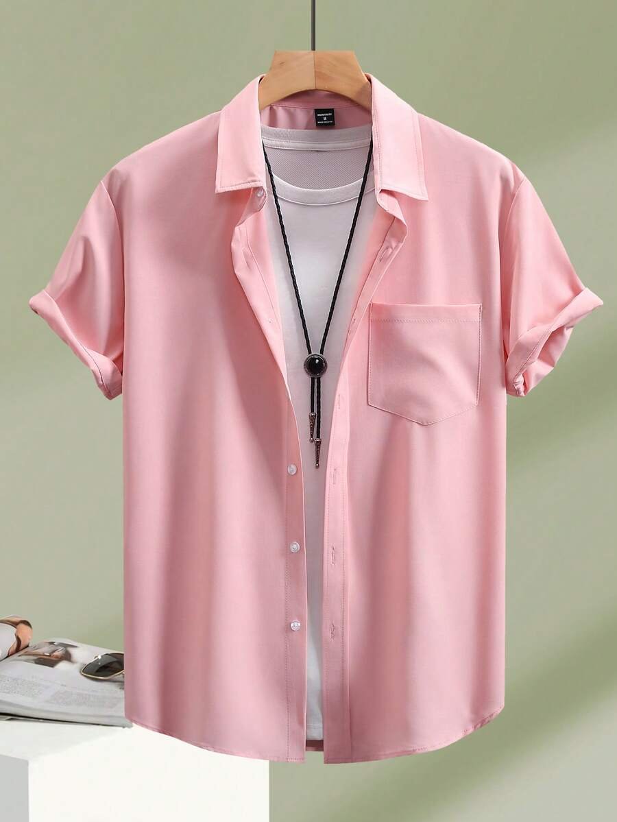 Camisa de manga corta casual de un solo pecho con bolsillo de unicolor - Imagen 3
