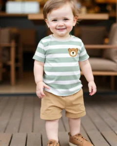 Camiseta de manga corta y estampado de oso y rayas + pantalones cortos azul marino