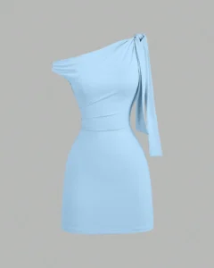 Vestido mini elegante francés de mujer con volantes asimétricos en el hombro