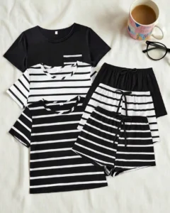 Conjunto de pijama mujer con top de manga corta y shorts a rayas