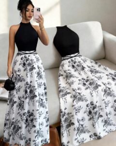 Vestido con cuello de halter, estampado y contraste con lazo en la cintura