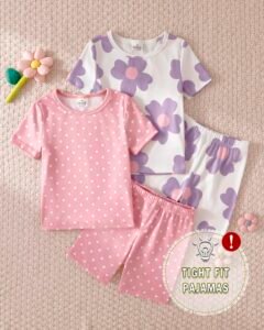 Conjunto de pijama con estampado floral lavanda púrpura & lunares rosas