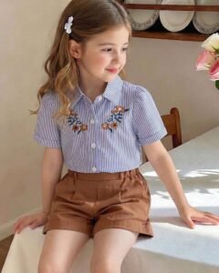 Blusa polo de manga corta con bordado floral y rayas + shorts casuales de unicolor