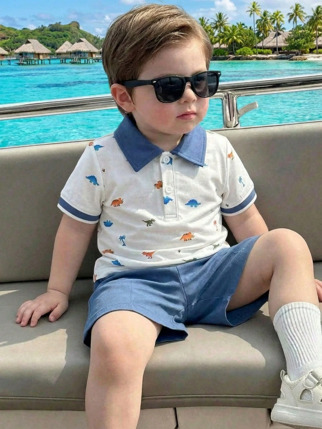 Camiseta con Estampado de Dinosaurio Cuello Solapa Tela Cómoda