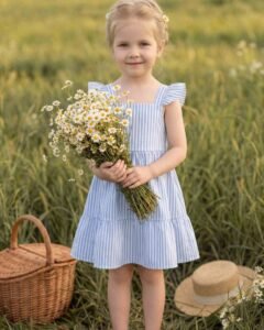 Vestido de niña con rayas y mariposa, vestido casual rosa con estampado floral de rayas azules