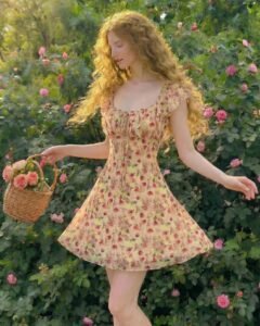 Vestido sin mangas con cuello redondo, fruncido en el pecho y estampado floral vintage