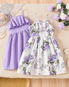 Vestido de verano para niña estampado floral y unicolor sin mangas