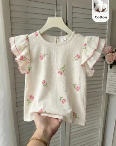 Blusa de verano casual, dulce y linda para niña con estampado floral