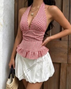 Top de mujer a cuadros con cuello halter, casual y versátil, sin mangas