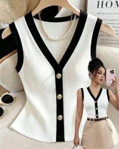 Blusa elegante de mujer con cuello en V, cintura ceñida y hebilla metálica