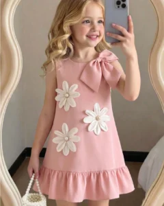Vestido casual sin mangas con decoración de lazo y flor 3D hecho a mano