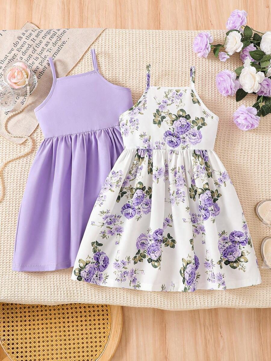 Vestido de verano para niña estampado floral y unicolor sin mangas - Imagen 2