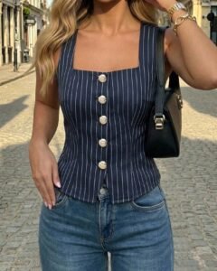 Blusa tejida de estilo francés elegante en color azul marino a rayas con cuello cuadrado