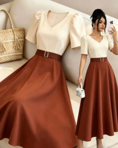 Vestido midi elegante y casual para mujer con cuello en V
