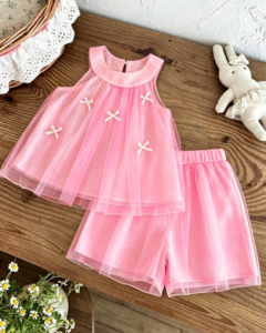 op sin mangas y shorts de gasa con bordado floral y decoración de lazo 3D