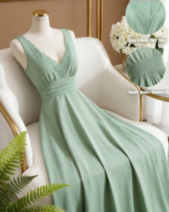 Vestido verde menta con cuello en V, adorno de encaje en la cintura, sin mangas