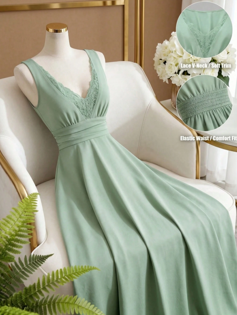 Vestido verde menta con cuello en V, adorno de encaje en la cintura, sin mangas