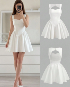 Vestido corto de línea A, color blanco sólido con escote de corazón