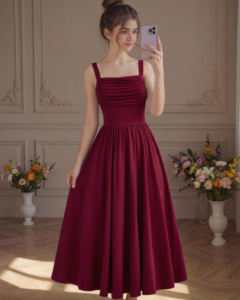 Vestido elegante de punto burdeos con cuello cuadrado y vuelo