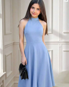 Vestido de fiesta sin mangas con cuello halter y cintura acampanada