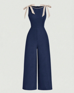 Mono elegante azul marino sin mangas con cuello redondo y decoración de lazo