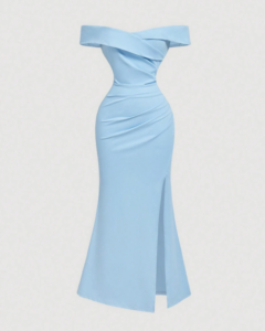 Vestido largo de noche azul claro para mujer con hombros descubiertos