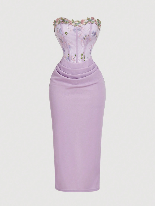 Vestido midi sin mangas con bordado floral y patchwork elegante