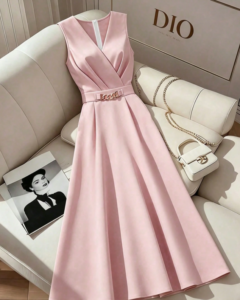 Vestido de mujer de color rosa claro sólido con cuello en V sin mangas