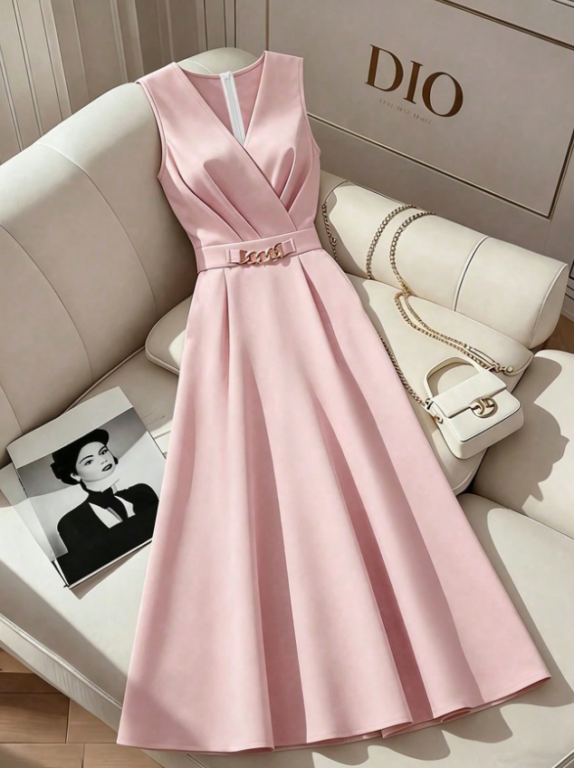Vestido de mujer de color rosa claro sólido con cuello en V sin mangas