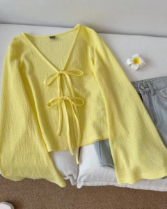 Blusa amarilla de verano para mujer, casual, cuello en V, lazo delantero