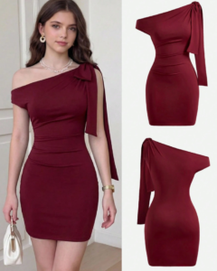 Vestido ajustado con hombros oblicuos y volantes, ceñido a la cintura