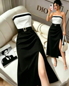 Vestido casual de mujer con bloques de color, bandeau, cintura ceñida