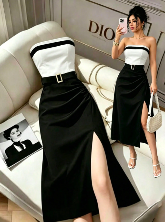 Vestido casual de mujer con bloques de color, bandeau, cintura ceñida