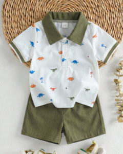 Conjunto con Estampado de Dinosaurio Cuello Solapa Tela Cómoda