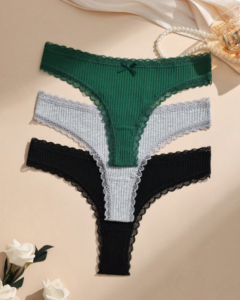 Tanga de algodón con parches de encaje y lazo en unicolor