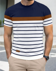 Camiseta de manga corta casual con estampado de bloques de color a rayas