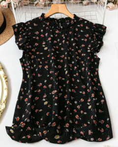 Blusa holgada con cuello redondo con volantes y estampado floral diminuto