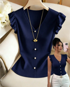 Camiseta de mujer con cuello en V, manga corta, unicolor