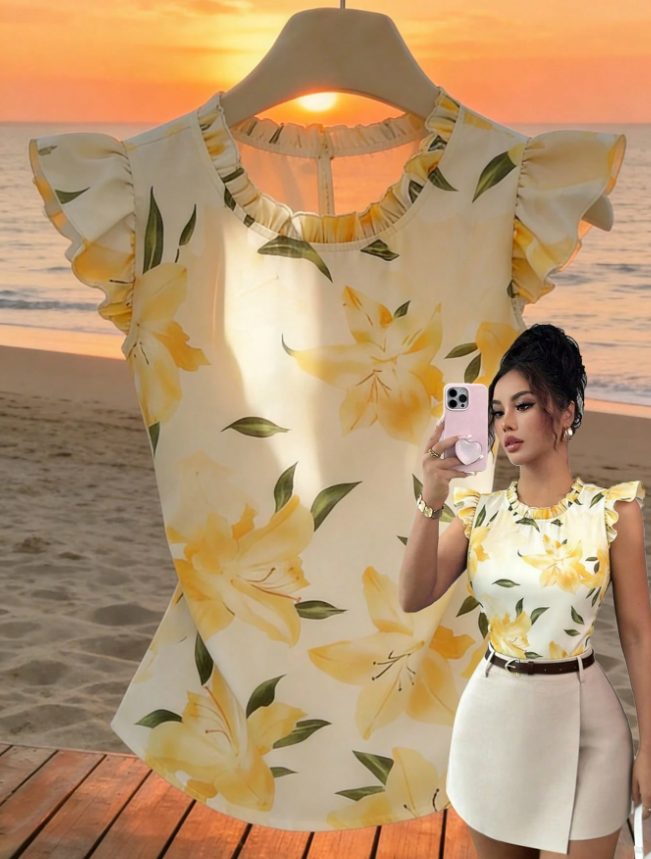 Camisa casual de vacaciones con estampado floral y volantes