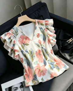 Blusa blanca casual y versátil con mangas acampanadas y volantes