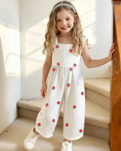 Mono largo blanco de verano para niña pequeña con estampado de cerezas