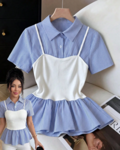Camisa 2-en-1 de mujer con bloques de color azul y blanco, manga corta